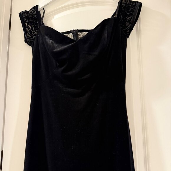 Off Shoulder Long, Floor Length Black Velvet Formal Gown With Lace - Picture 3 of 12